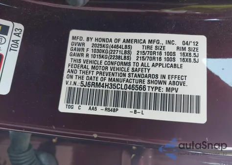 2012 Honda Cr-V Lx z USA, uszkodzony, nr VIN 5J6RM4H35CL046566